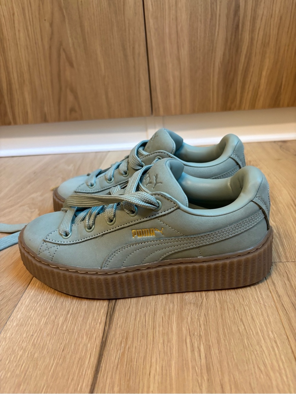 Puma Sage Green Platform Sneakers with Gum Sole